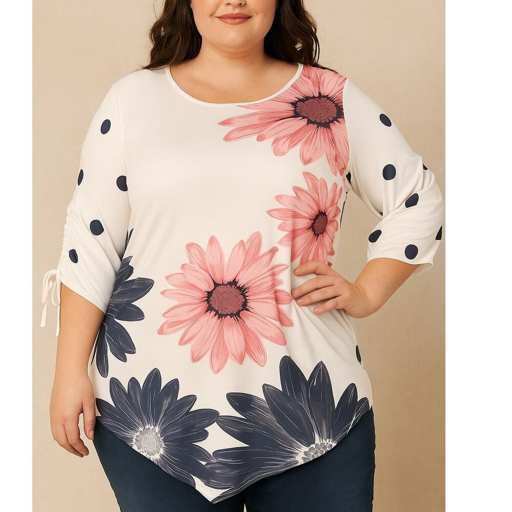 NWT Lily By Firmiana Floral Dotted 3/4 Sleeve Top 3XL